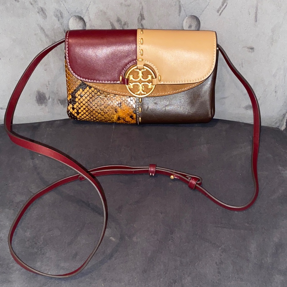 Tory Burch Burgundy and Tan Britten Snake Embossed Convertible Crossbody Bag
